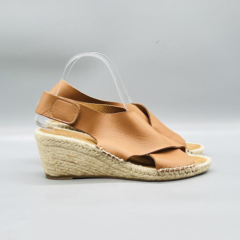 Maypol Sandals Womens 8.5 Beige Leather Espadrille Hook & Loop Slingback Wedge